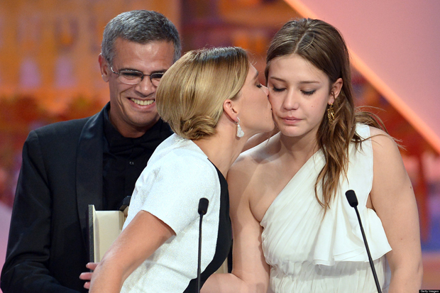 Abdellatif Kechiche, Léa Seydoux and Adèle Exarchopoulos accepting the Palme d'Or at the Cannes film festival in May 2013